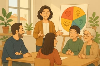 Lider facilita debate em escritório de Lisboa, com roda de emoções ao fundo, sugerindo cultura emocional segura na equipa