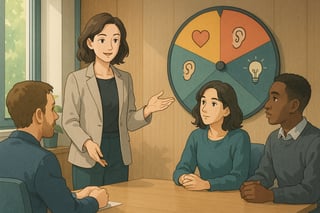 Führungskraft moderiert ein Teamritual zur psychologischen Sicherheit; im Hintergrund unterstützt ein farbiges Spinner-Wheel die faire Beteiligung.