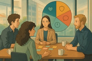 Un equipo diverso en oficina moderna usa una ruleta emocional colorida para iniciar un ritual breve que impulsa la seguridad psicologica y la cohesion.