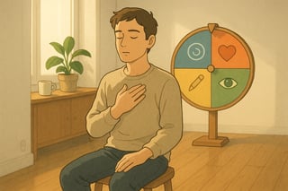 Person übt Selbstwahrnehmung in moderner Wohnung; im Hintergrund ist ein farbiges Zufallsrad mit relevanten Symbolsegmenten deutlich sichtbar.