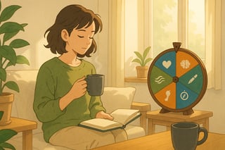 Jonge professional start de ochtend met journaling en rustige ademhaling in een lichte Nederlandse woonkamer; een kleurrijk spinnerwiel staat zichtbaar op de achtergrond.