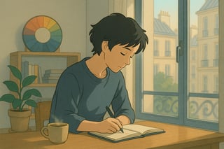 Une personne calme près d’une fenêtre avec un carnet ouvert; une roue colorée en arrière-plan suggère la sélection d’exercices quotidiens.