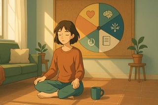 Mulher em casa inicia rotina de autoconsciencia; ao fundo, roleta colorida com icones guia a escolha de exercicios diarios de 5 minutos.