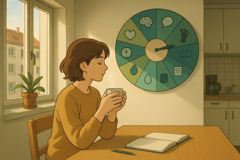 Person startet den Tag in einer Schweizer Wohnungskueche; ein buntes Zufallsrad an der Wand zeigt Uebungsoptionen, Notizbuch und Kaffee daneben.