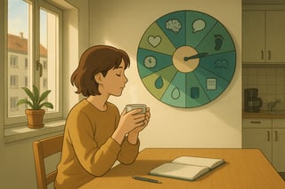 Person startet den Tag in einer Schweizer Wohnungskueche; ein buntes Zufallsrad an der Wand zeigt Uebungsoptionen, Notizbuch und Kaffee daneben.