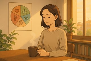 Profesional en salón matutino elige ejercicio de autoconciencia mientras una ruleta colorida en la pared sugiere opciones breves y prácticas para empezar el día.