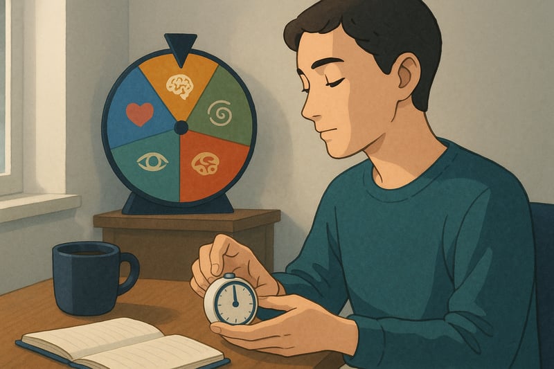 Person starting a brief self-awareness exercise at home with a subtle spinner wheel in the background and soft morning light.