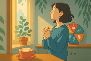 Australian adult pauses for a morning breath check-in at home while a colourful spinner wheel nearby suggests today’s self-awareness exercise.