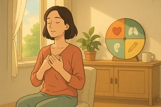 Donna alla finestra pratica un esercizio di autoconsapevolezza; sullo sfondo appare una ruota colorata non dominante.