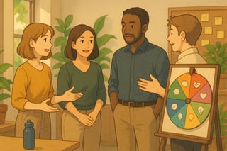 A diverse Australian office team gathers for a quick trust exercise with a colourful spinner wheel visible in the background.