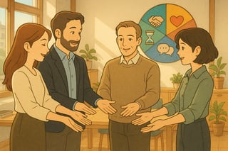 Team misto in ufficio italiano collabora mentre una ruota colorata sullo sfondo propone attività per fiducia e sicurezza psicologica.