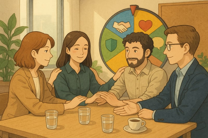 Equipa mista em escritorio luminoso a realizar atividade de confianca, com uma roda colorida visivel ao fundo como elemento de apoio.