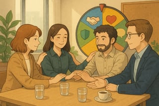 Equipa mista em escritorio luminoso a realizar atividade de confianca, com uma roda colorida visivel ao fundo como elemento de apoio.