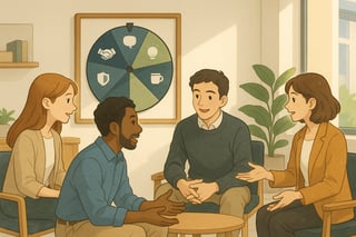 Team in moderner Burolandschaft fuehrt eine kurze Vertrauensuebung durch, im Hintergrund ist ein farbiges Zufallsrad als Fairness-Symbol sichtbar.