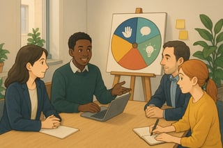 Une equipe mixte en reunion pour renforcer la confiance, une roue coloree apparait en arriere plan pour suggerer un choix aleatoire d’activites.