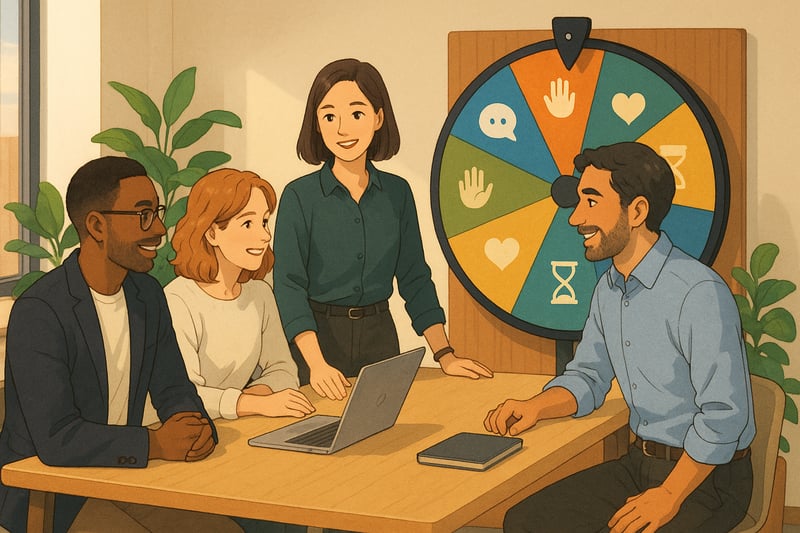 Vier collega’s in een Nederlandse vergaderruimte starten een teamvertrouwensoefening terwijl een kleurrijk spinnerwiel subtiel op de achtergrond zichtbaar is.