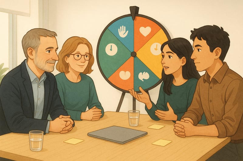 Equipo diverso en sala luminosa colabora mientras una ruleta de colores sugiere ejercicios para reforzar la confianza