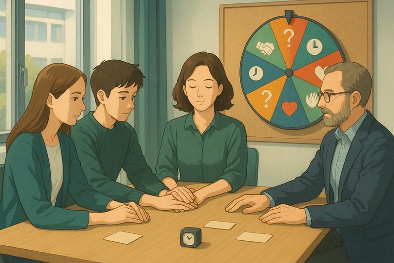 Vier Personen in einem modernen Schweizer Meetingraum nutzen ein Spinner-Wheel im Hintergrund, um zufaellige Teamvertrauens-Uebungen auszuwaehlen.