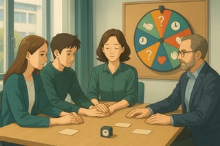 Vier Personen in einem modernen Schweizer Meetingraum nutzen ein Spinner-Wheel im Hintergrund, um zufaellige Teamvertrauens-Uebungen auszuwaehlen.