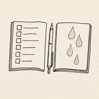 Two open notebooks sit side by side, one structured with boxes and one marked by stains, hinting at tracked tasks versus unseen emotional effort.