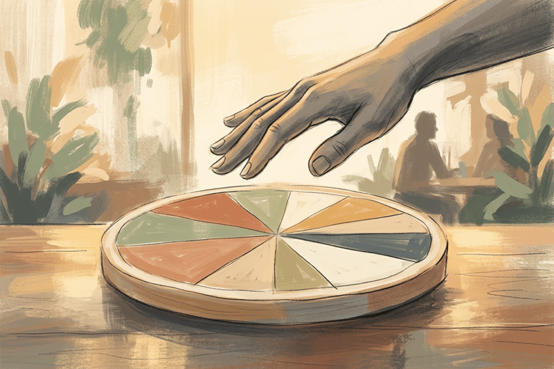 A sketched hand hovers above a simple wheel divided into soft wedges, conveying a fair, calm moment before choosing a team exercise together.