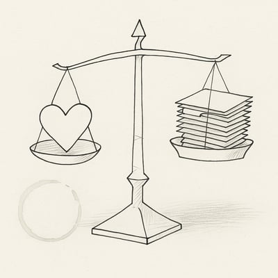 Hand-drawn scales balance a small heart and heavy folders, evoking a workplace choice where calm empathy can outweigh technical load.