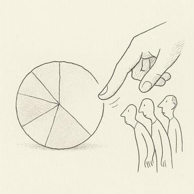 A sketched wheel with soft wedges and a poised fingertip suggests fair, low-pressure selection as teammates lean in with curiosity.