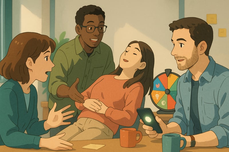 Coworkers gather in a modern office breakout area while a colorful spinner wheel sits nearby, hinting at a quick trust-building exercise.
