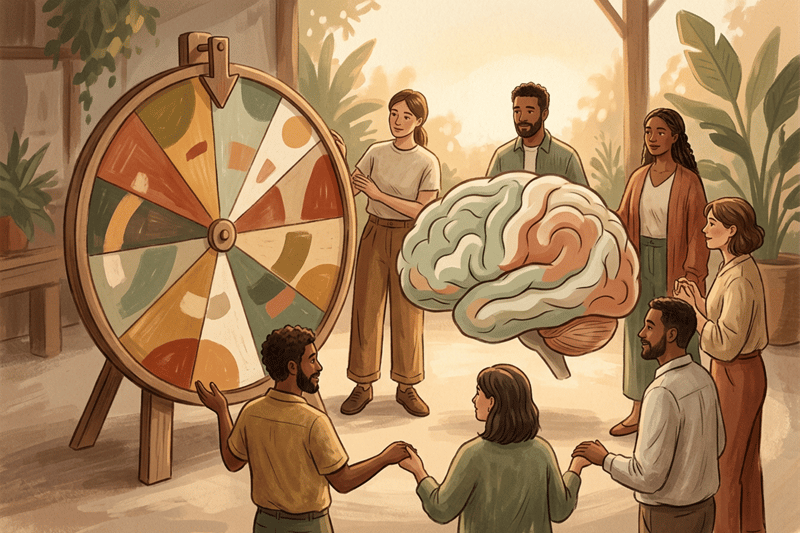 Hand‑drawn spinner wheel beside a calm brain, with a small team standing evenly around it, conveying fairness, trust and low‑pressure collaboration.