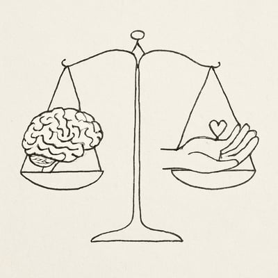Skizze einer Waage: links Gehirn, rechts Hand mit Herz; symbolisiert Balance von IQ und EQ für Leistung im Arbeitsalltag.