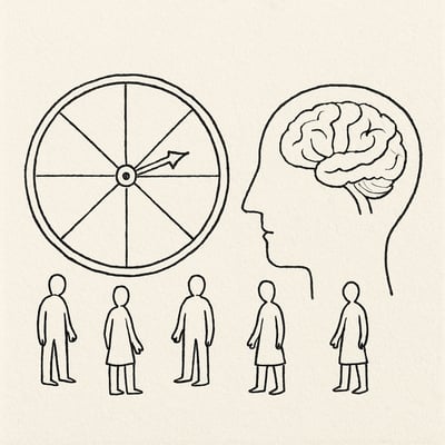 Minimalist sketch of a spinner wheel next to a calm brain with a small group standing evenly around it, symbolising fair turns and thoughtful team decisions.