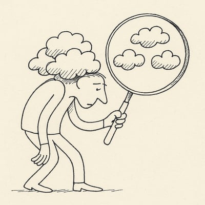 Figur trägt unsichtbare Wolkenlast, eine Lupe macht sie sichtbar; steht für das Erkennen, Messen und Bewerten von Gefühlsarbeit im Unternehmen.