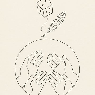 A die gently transforming into a feather above a circle of open hands, symbolising random selection easing pressure and supporting group safety.