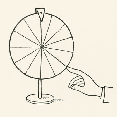 Kreisförmiges Glücksrad mit neutralen Segmenten; eine ruhige Hand tippt an. Bild vermittelt faire Zufallsauswahl und sinkende Leistungsangst im Team.