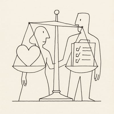 Sketch of scales balancing a heart and a folder while multiple faint figures support from behind, conveying shared emotional labour and fair recognition.