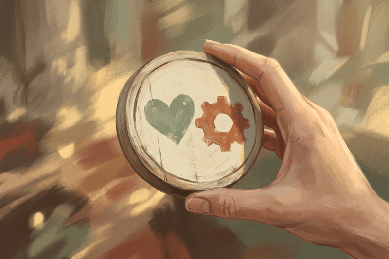 Eine Hand lässt ein schlichtes Drehrad sanft drehen; Herz- und Zahnrad-Symbole deuten Balance von Emotion und Leistung an, ruhig und bedacht.
