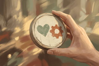 Eine Hand lässt ein schlichtes Drehrad sanft drehen; Herz- und Zahnrad-Symbole deuten Balance von Emotion und Leistung an, ruhig und bedacht.