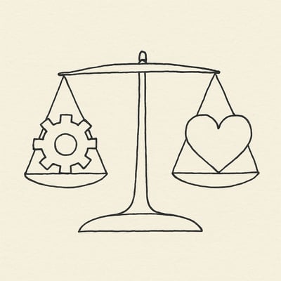 Eine filigrane Waage trägt ein Zahnrad und ein Herz in Balance und symbolisiert, dass EQ und IQ gemeinsam Leistung tragen, mit leicht organischen Linien.