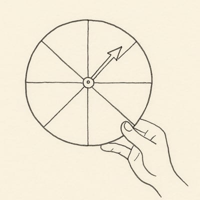 Ein schlichtes Drehrad wird sanft angestossen und steht für faire Zufallsauswahl, die Druck reduziert und Teilhabe erleichtert.