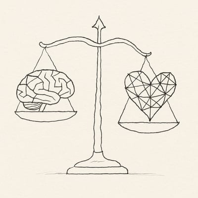 Balanza dibujada a mano con un cerebro y un corazón; el peso cae hacia el corazón, simbolizando la mayor influencia de la IE en el rendimiento.