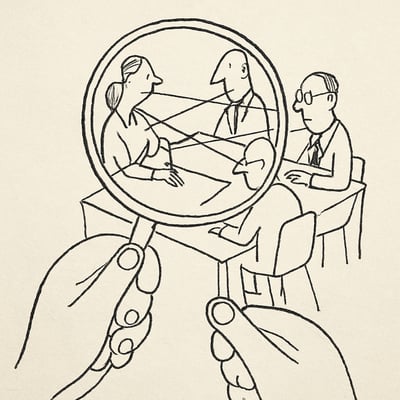 Manos con lupa revelan hilos invisibles que conectan a un equipo en mesa de trabajo, representando el trabajo emocional oculto.