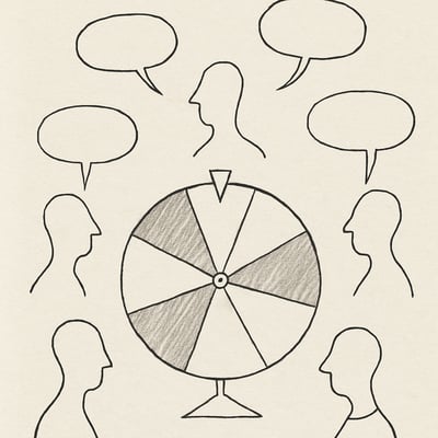 Ruleta dibujada a mano con personas alrededor aportando ideas, sugiriendo selección justa y participación segura sin presión.