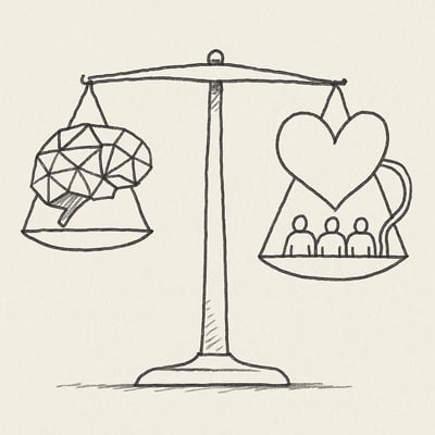 Une balance penche vers un cœur relié à une équipe, face à un cerveau géométrique, suggérant que l'intelligence émotionnelle peut peser davantage au travail.