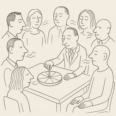 Une main fait tourner une roue d'exercices en réunion; les visages sereins et un souffle collectif suggèrent une baisse de pression et un climat de sécurité psychologique.