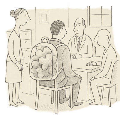 Sac à dos transparent plein d'émotions porté au bureau, révélant la charge émotionnelle souvent invisible, avec entourage à l'écoute et postures respectueuses.