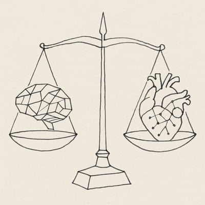 Balança minimalista contrasta cérebro e coração, com leve ênfase no coração para sugerir impacto prático da inteligência emocional no desempenho laboral.