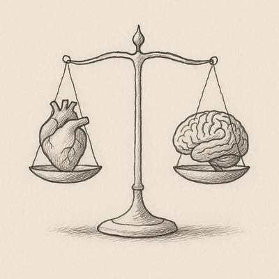 Una bilancia delicata, tracciata a inchiostro, tiene in equilibrio un cuore e un cervello, evocando l'armonia tra ragione e sensibilità nelle performance.