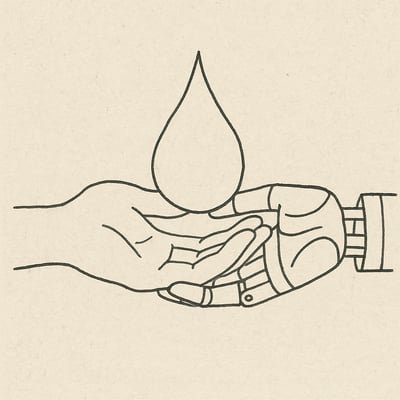 Due mani, una organica e una meccanica, sorreggono una goccia, alludendo alla cura relazionale congiunta e alla necessità di misurare il lavoro emotivo.