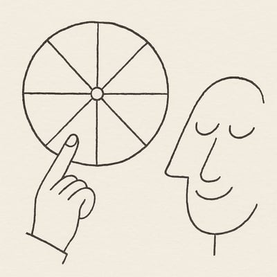 Uma roda segmentada é prestes a ser girada enquanto um rosto minimalista demonstra alívio, simbolizando seleção aleatória como mecanismo de justiça e menor pressão.