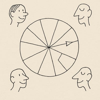 Una ruota a spicchi imperfetti con una freccia indica un esercizio a caso, mentre volti stilizzati partecipano sereni, simbolo di equità e leggerezza.